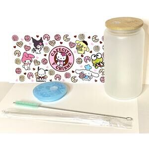 DIY Glass Cup w Lid, Straw, Extra Lid & Kawaii DTF Cup Wrap Transfer Sheet